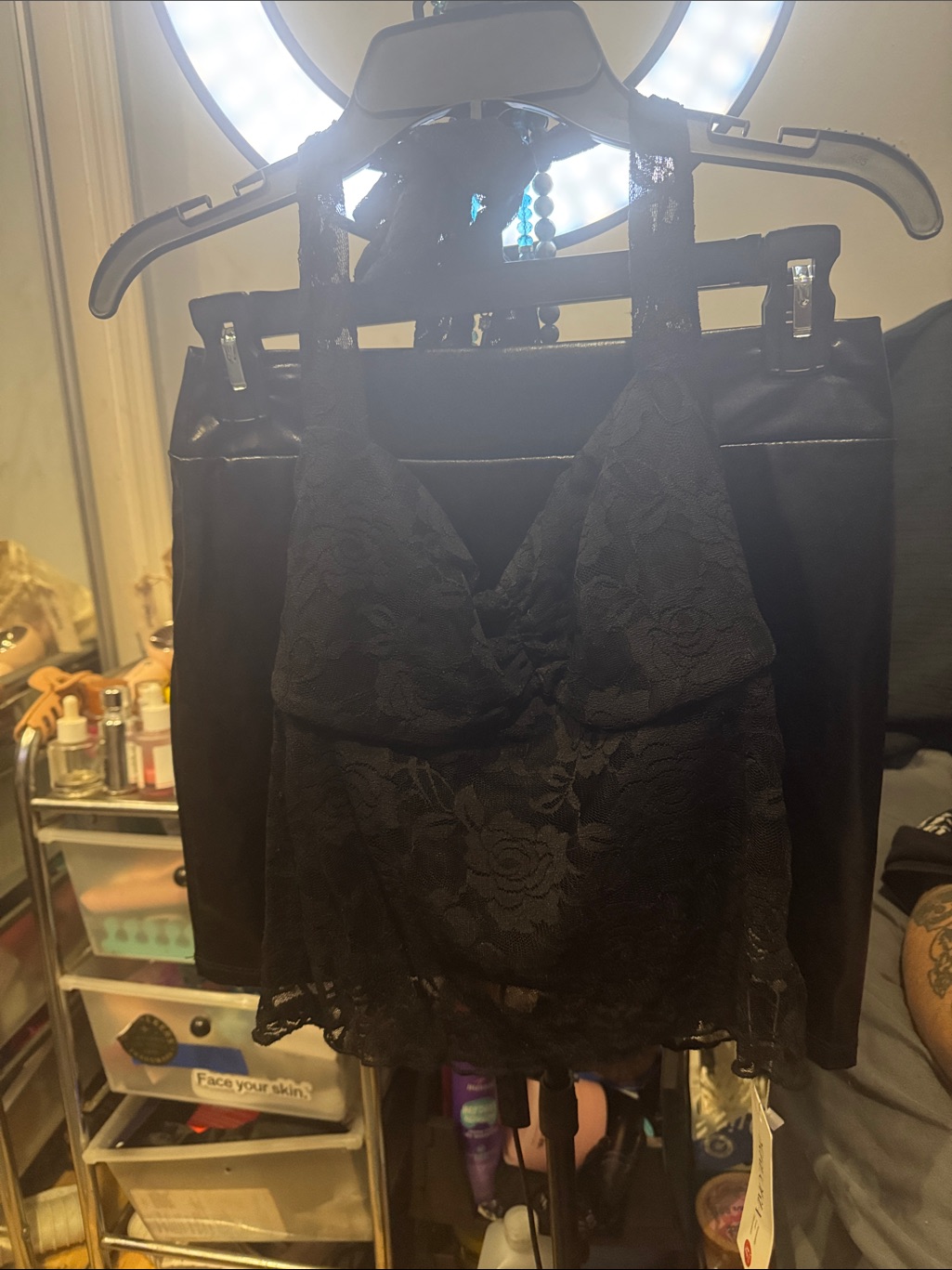 Black Lace Halter Crop Top With Mini Faux Leather Skirt (Fits Snug)